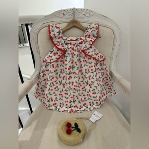 🦢 2T Toddler 100% Cotton Cherry Print Baby Dress with Ruffled Sleeves & Purse